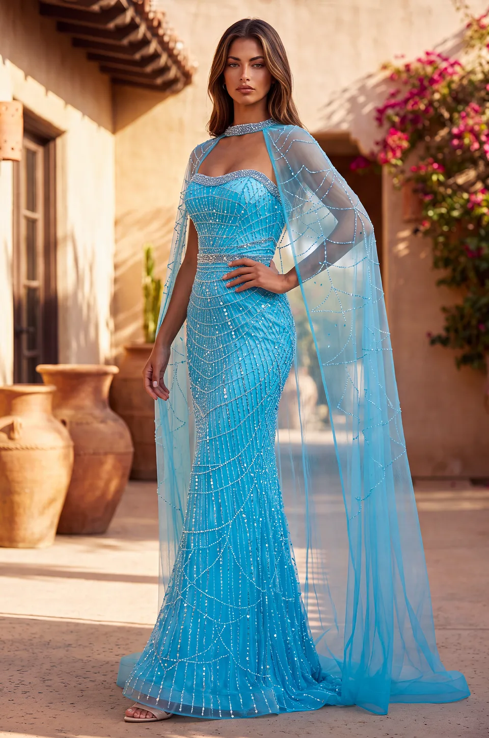 Vestido de gala con capa y pedrería de escote corazón — Azul océano 3