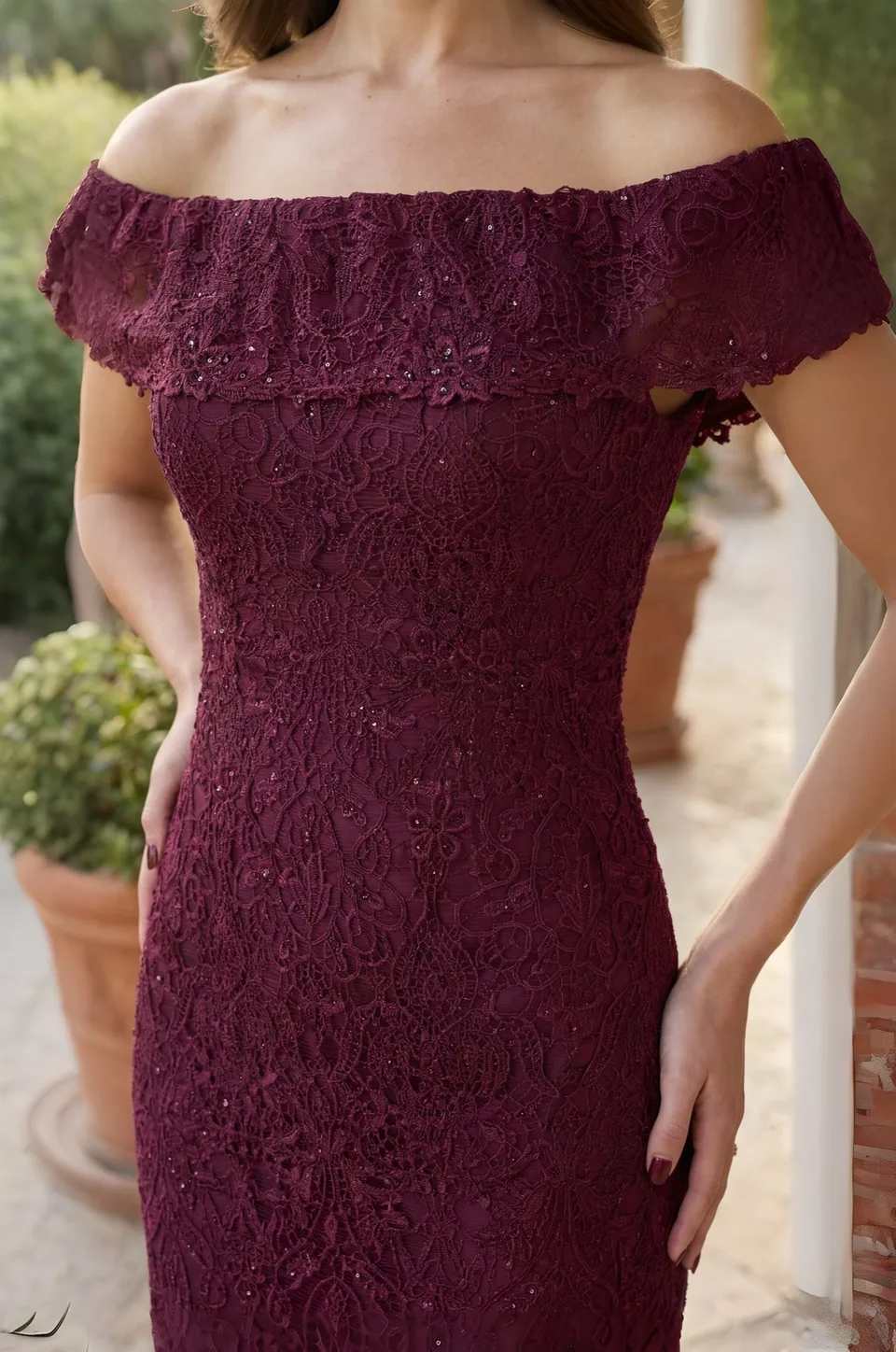 Vestido de gala de encaje floral con hombros caídos — Burdeos 4