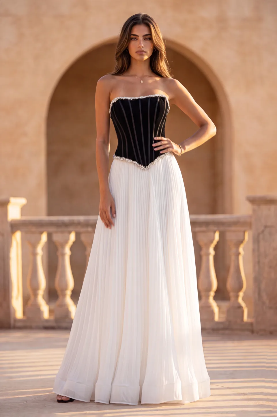 Vestido de corsé de terciopelo y falda plisada — Negro / blanco