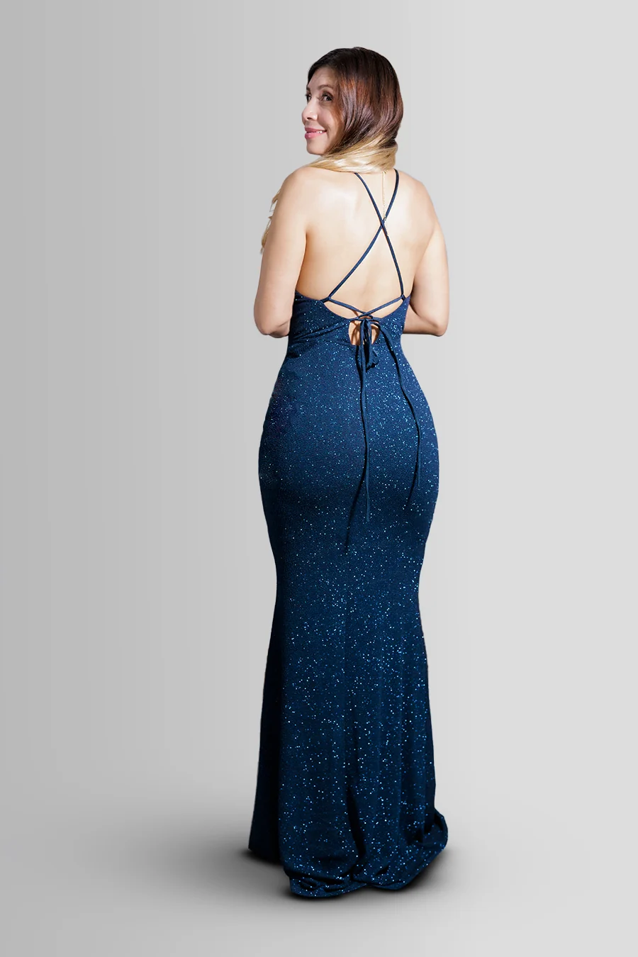 Vestido sirena brillante con escote en V profundo — Azul marino 3