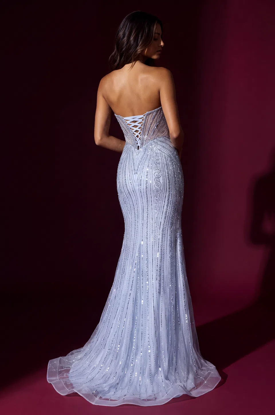 Vestido de graduación con corsé de ilusión y pedrería completa — Azul claro 2