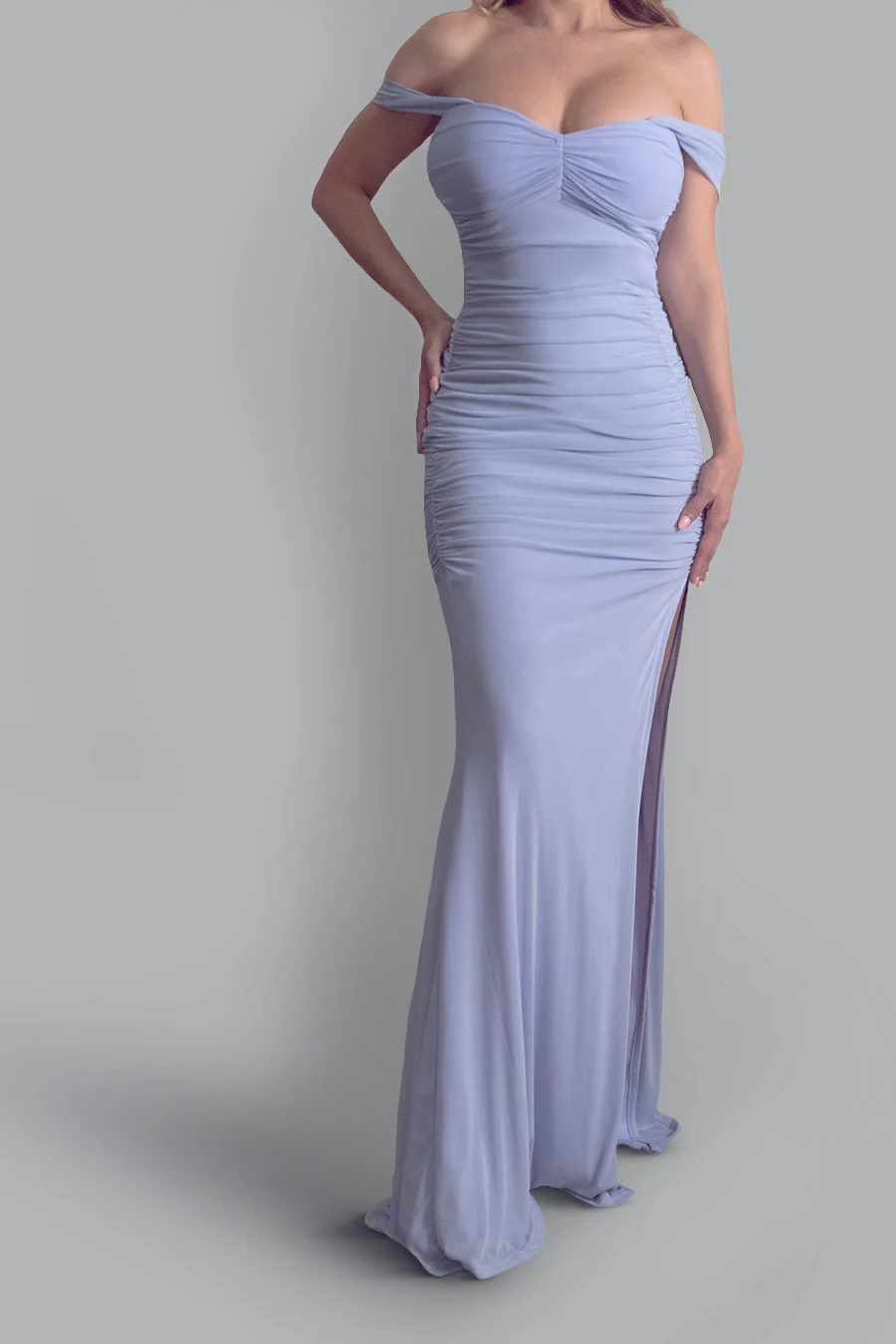 Vestido fruncido con hombros caídos y abertura — Lavanda