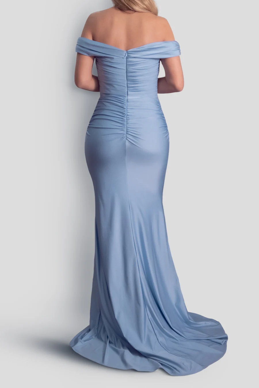 Vestido sirena fruncido con hombros caídos — Azul polvoriento 3