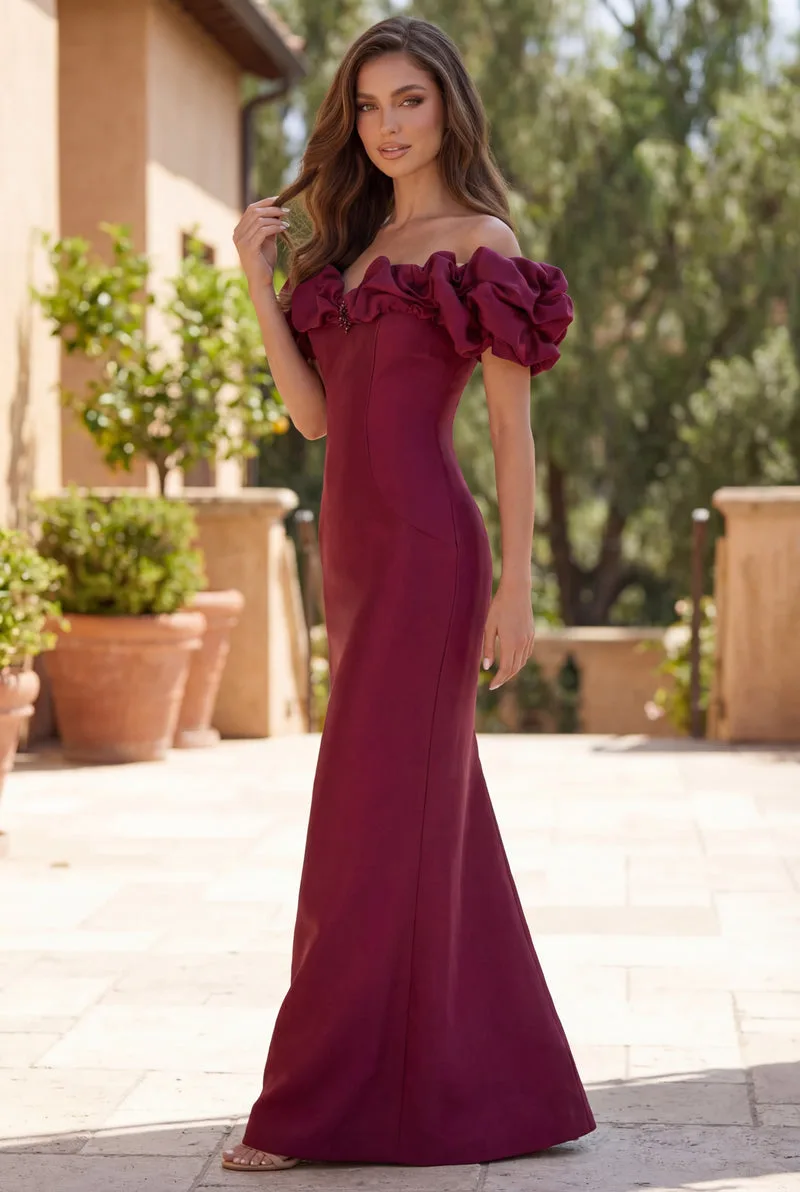 Vestido de gala de mikado con mangas voladas — Burdeos 3