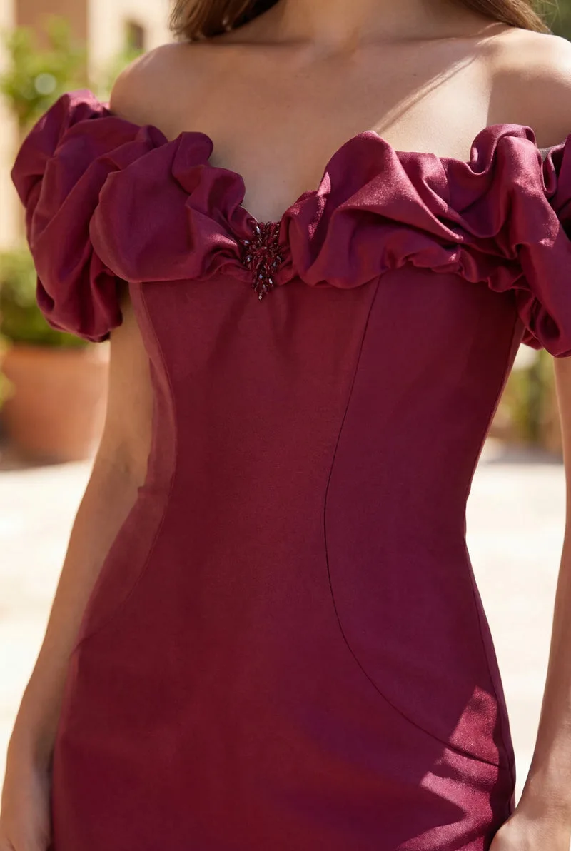 Vestido de gala de mikado con mangas voladas — Burdeos 4
