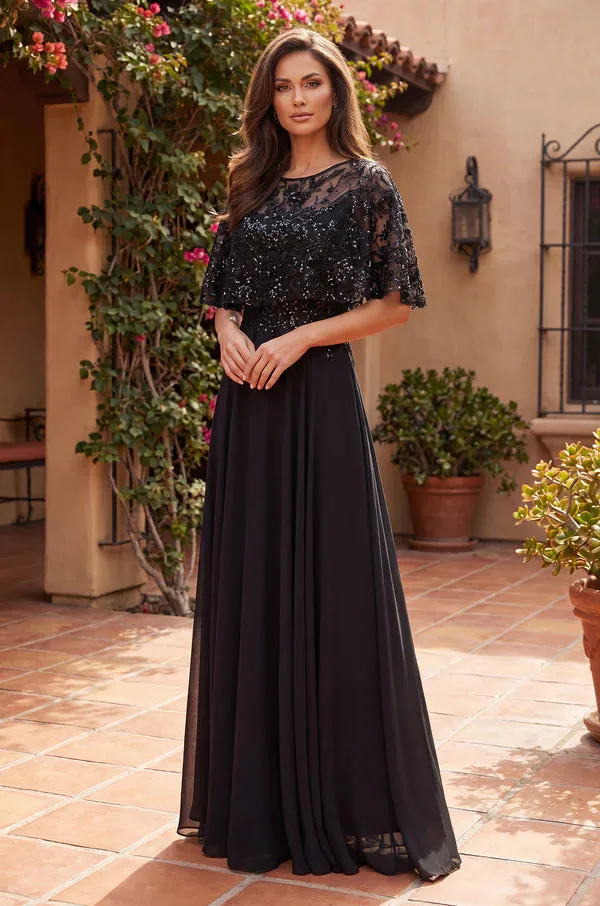 Vestido de gala de gasa con capa de encaje y lentejuelas — Negro