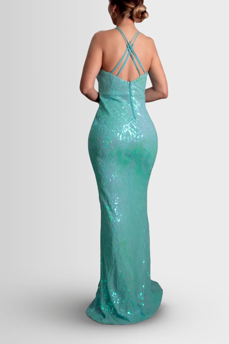 Vestido sirena de lentejuelas con espalda cruzada — Turquesa 3