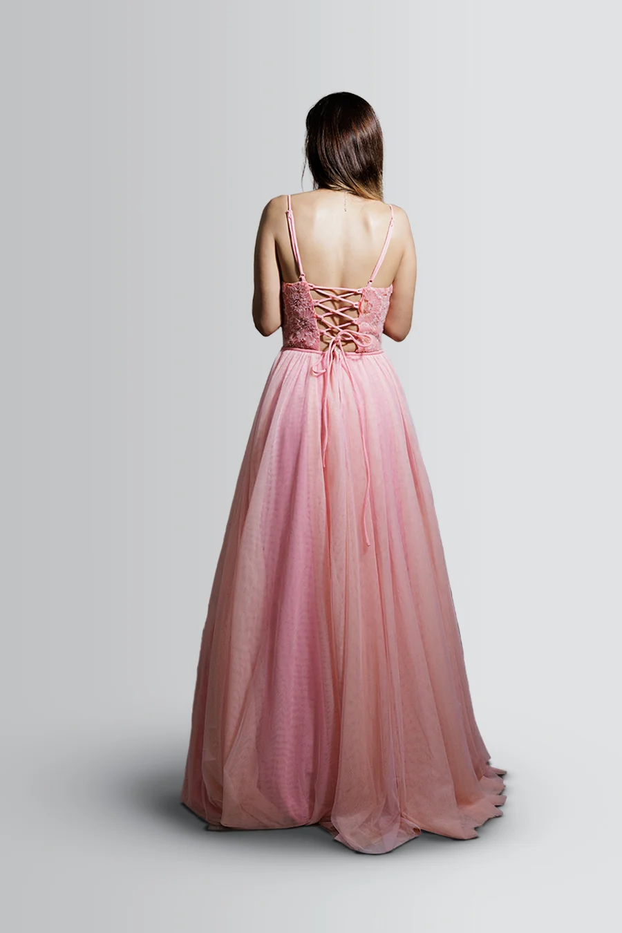 Vestido de corte A con brillo y espalda de cordones — Rosa 3