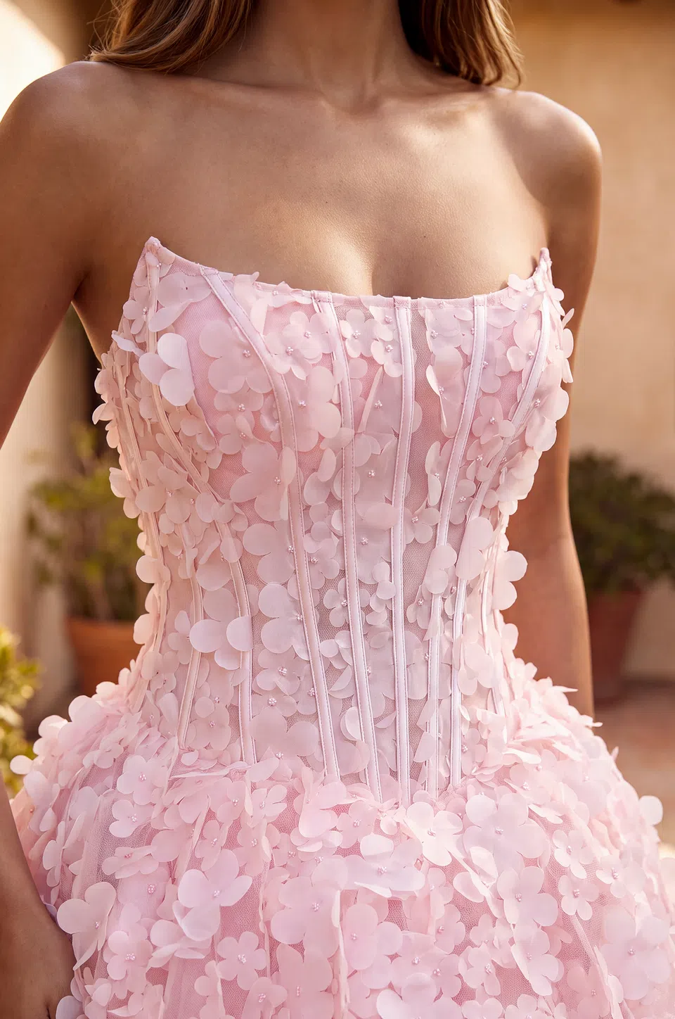 Vestido mini de fiesta con corsé y flores 3D — Rosa 4