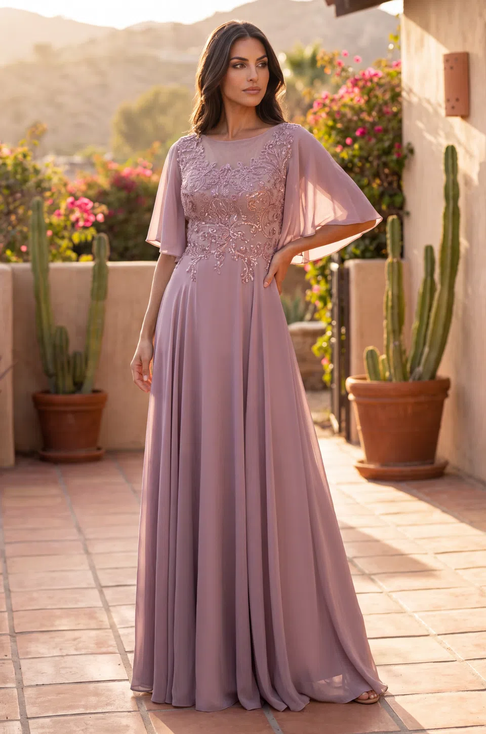 Vestido para la madre de la novia de gasa con cuello de ilusión — Malva