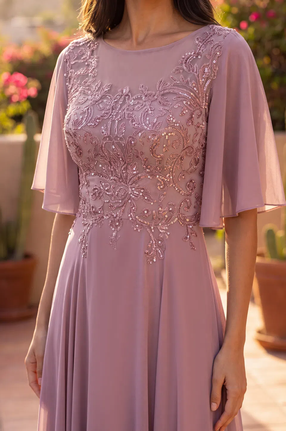 Vestido para la madre de la novia de gasa con cuello de ilusión — Malva 3