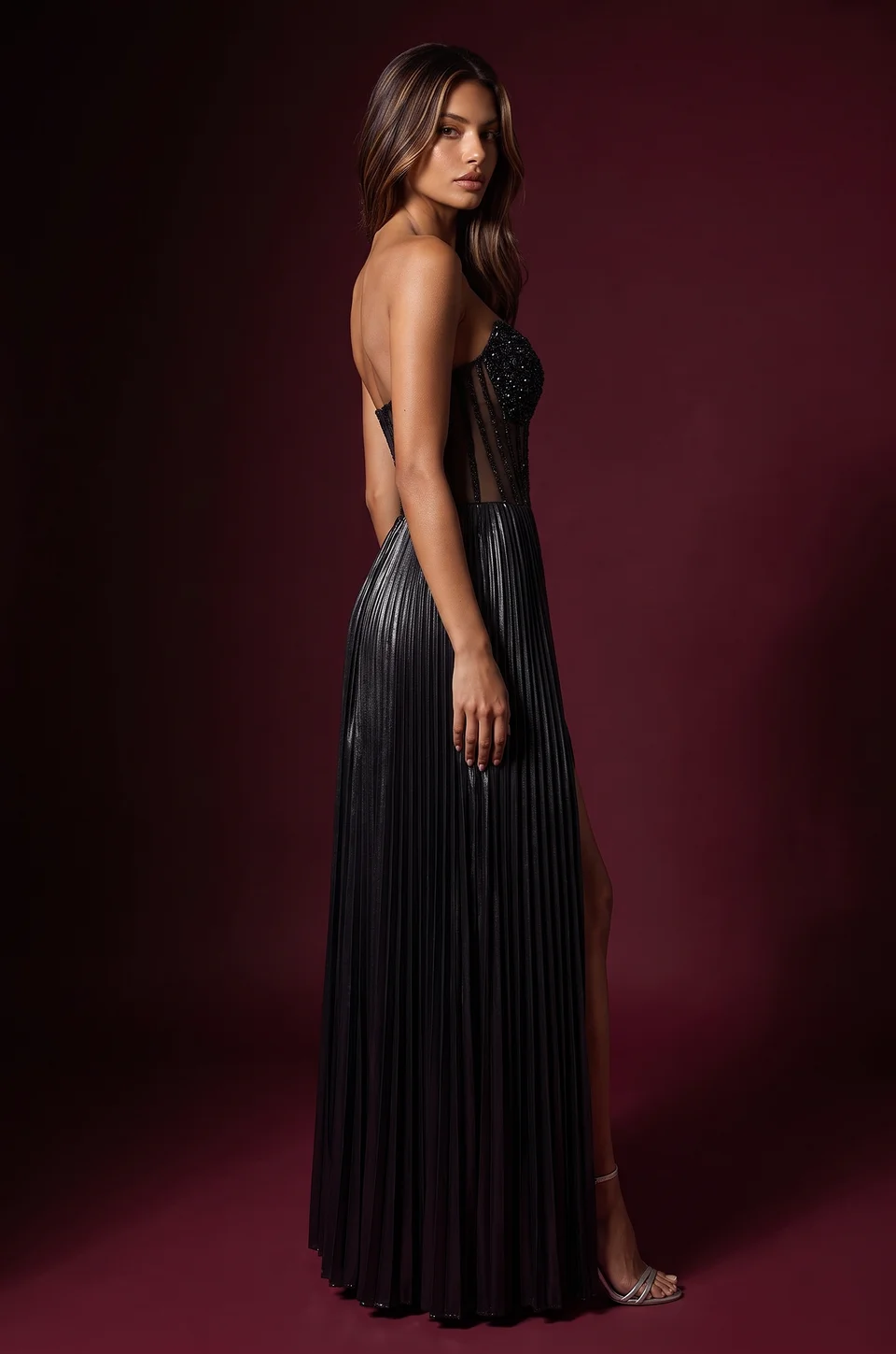 Beaded-Bodice Pleated Corset Gown — Black 3