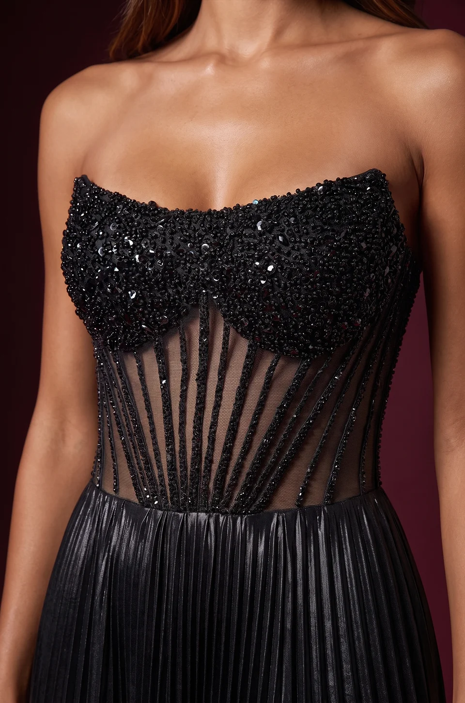 Beaded-Bodice Pleated Corset Gown — Black 4