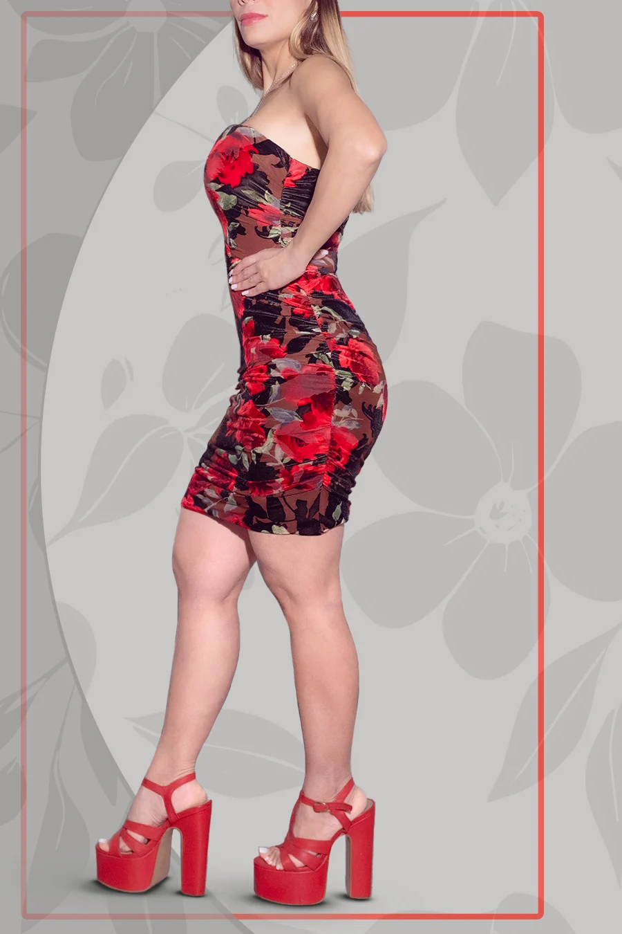 Vestido corto floral sin tirantes — Rojo floral 3