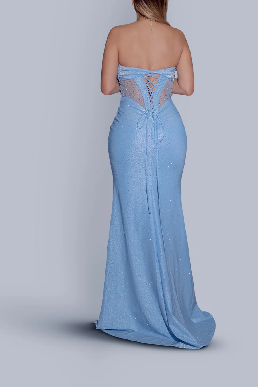 Vestido sirena brillante sin tirantes con encaje — Azul claro 3