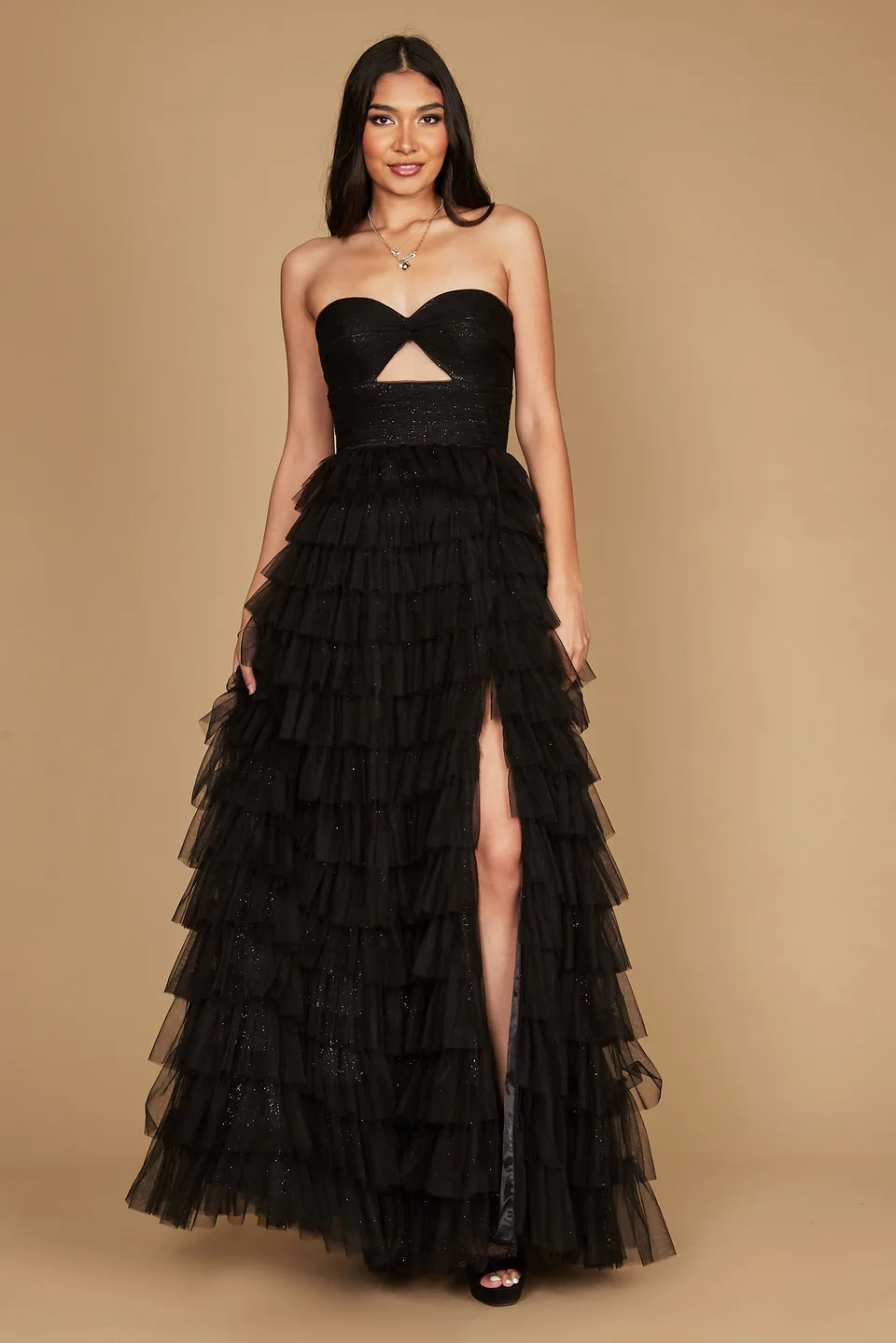 Vestido de bailarina de organza sin tirantes con volantes — Negro