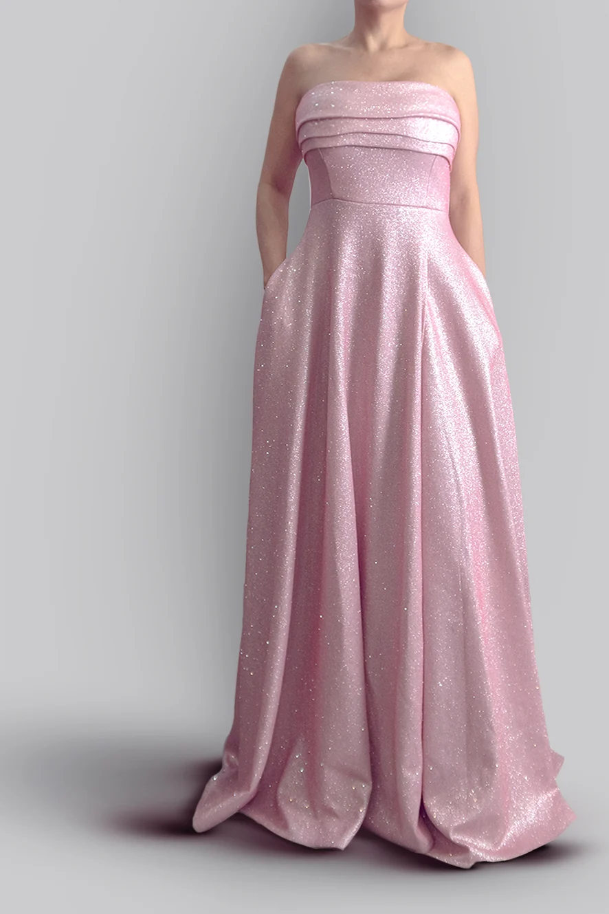 Vestido de satín brillante sin tirantes con cola — Rosado Barbie