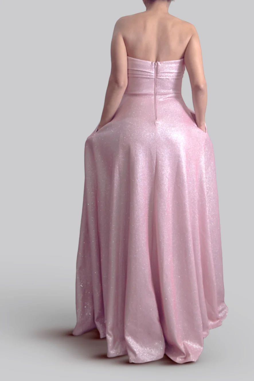 Vestido de satín brillante sin tirantes con cola — Rosado Barbie 4