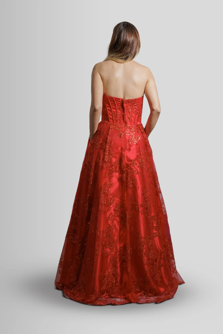 Vestido princesa sin tirantes con brillo — Rojo 3
