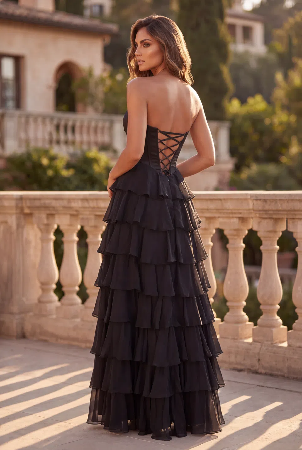 Strapless Chiffon Tiered Ruffle Gown — Black 3