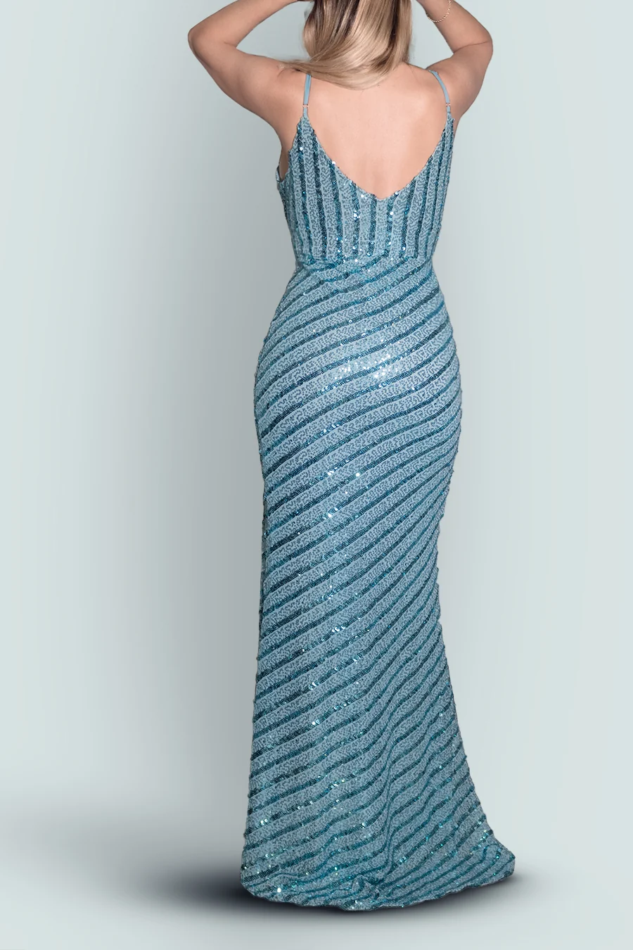 Vestido de lentejuelas a rayas con abertura — Azul 3